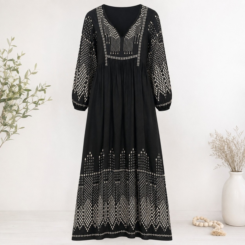 World Market Maxi Dress SZ S/M Black Embroidered Puff Sleeve Whimsigoth Witchy